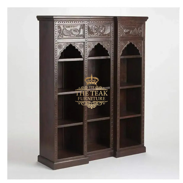 Rustic Hand Carved Teak Wooden Bookshelf – Elegant & Sturdy Storage