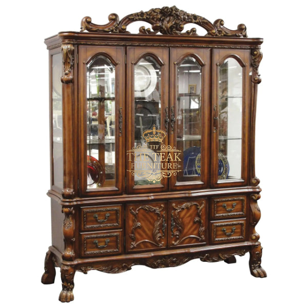 Handmade Teak Wood Crockery Almirah – Elegant Storage with Artistic Detailing