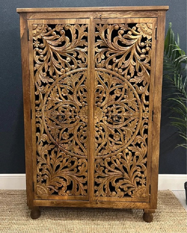 Hand-Carved Teak Wood Cabinet with Intricate Floral Design