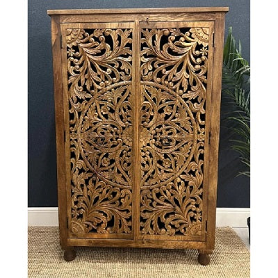 Hand-Carved Teak Wood Cabinet with Intricate Floral Design-2