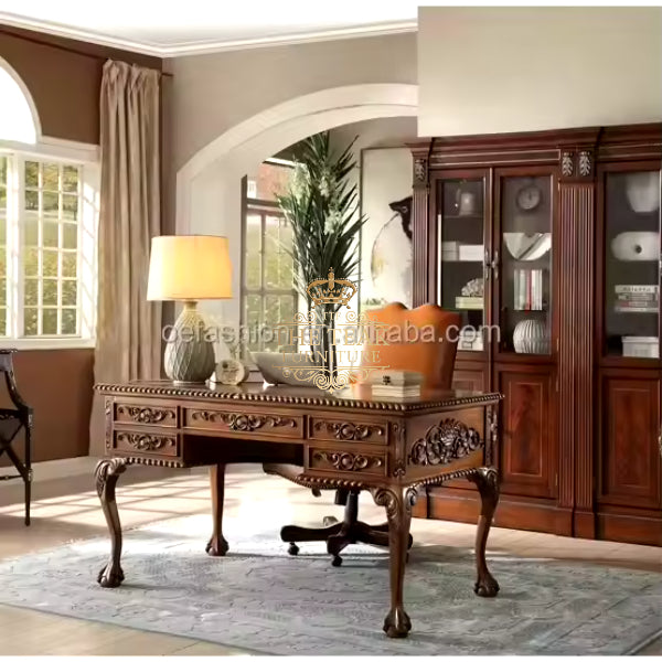 Elegant Teak Carved Study Table – A Work of Art for Your Office Space