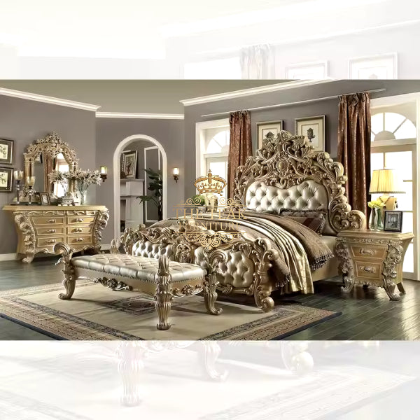 Renaissance Palace Bed – Grand Teak Wood Hand-Sculpted with Ornate Headboard