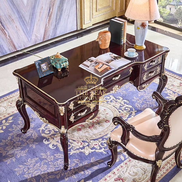 Regal Wooden Study Table – Hand-Carved Teak for Supreme Office Elegance